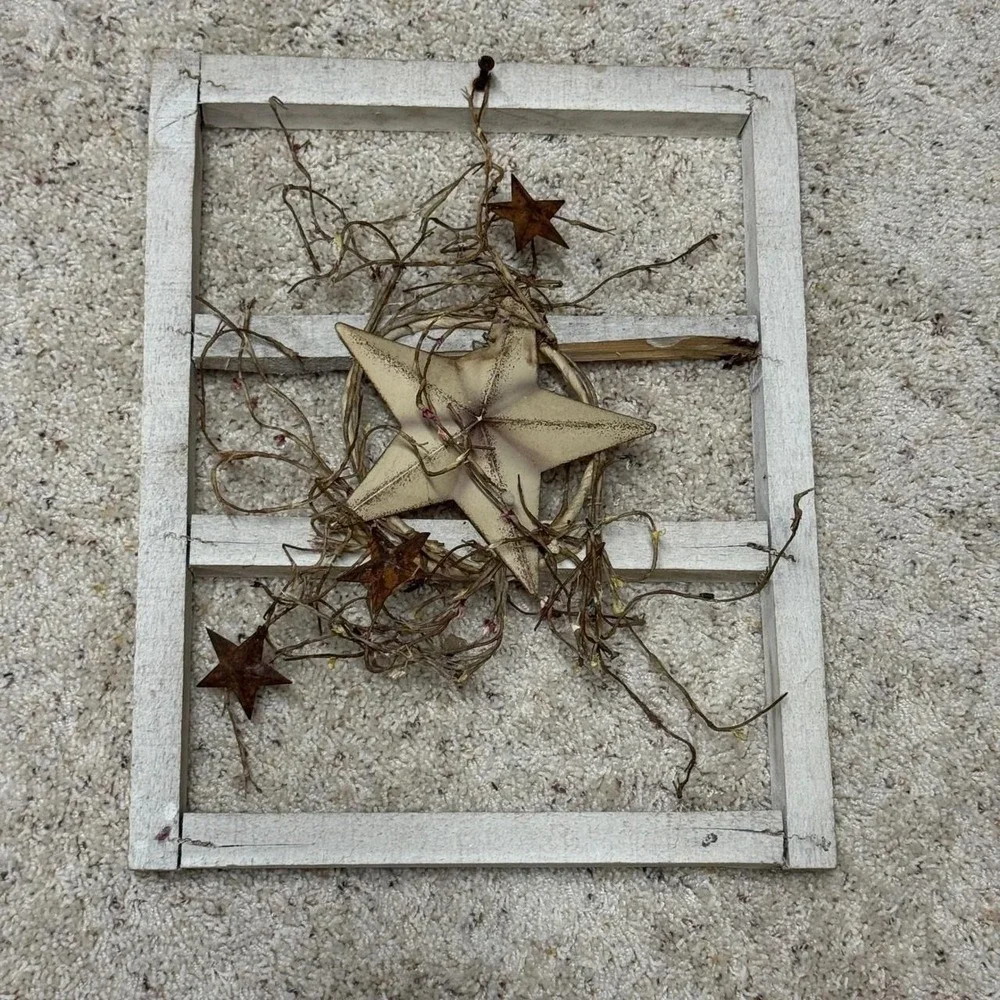 Primitive Rustic White Wood Window Frame Wall Decor Barn Star Pip Berry 16x12 - Picture 1 of 8